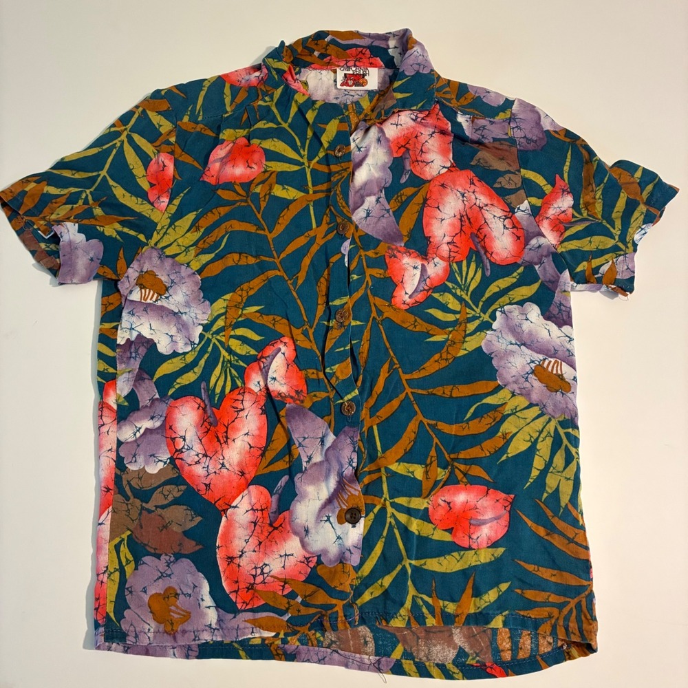 California Krush Womens XS/S Tropical Floral Button Down Shirt Teal Short Sleeve
